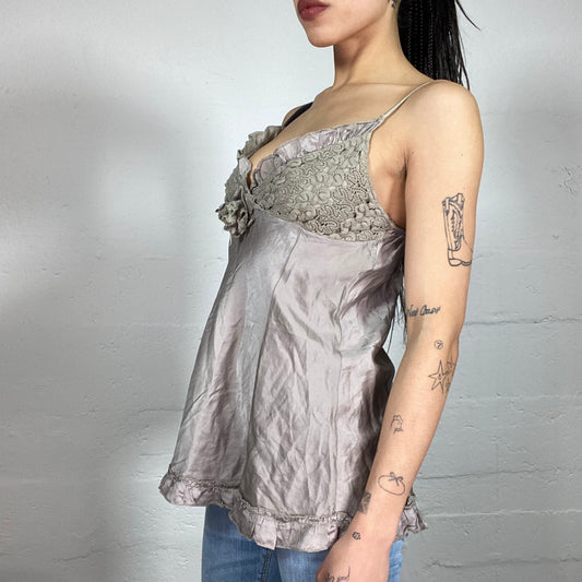 Vintage 90’ Matilda Djerf inspired Silky Warm Toned Grey Cami Top with Crochet Bra and Flower Detail (S/M)