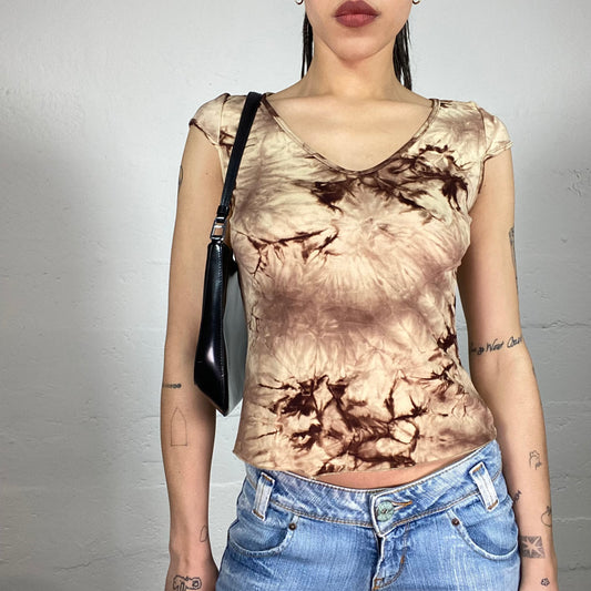 Vintage 90’ Boho Beige and Brown Tie-Dye Mini Sleeves Top (S)