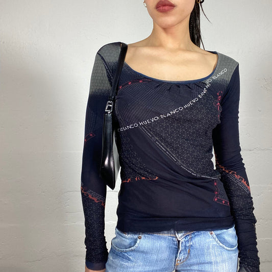 Vintage 2000’ Archive Longsleeve Mesh Top with Lettering Print (S/M)