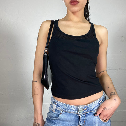 Vintage 2000’ Sporty Black Tank Top with Net Detail and „Rich“ Print (S)