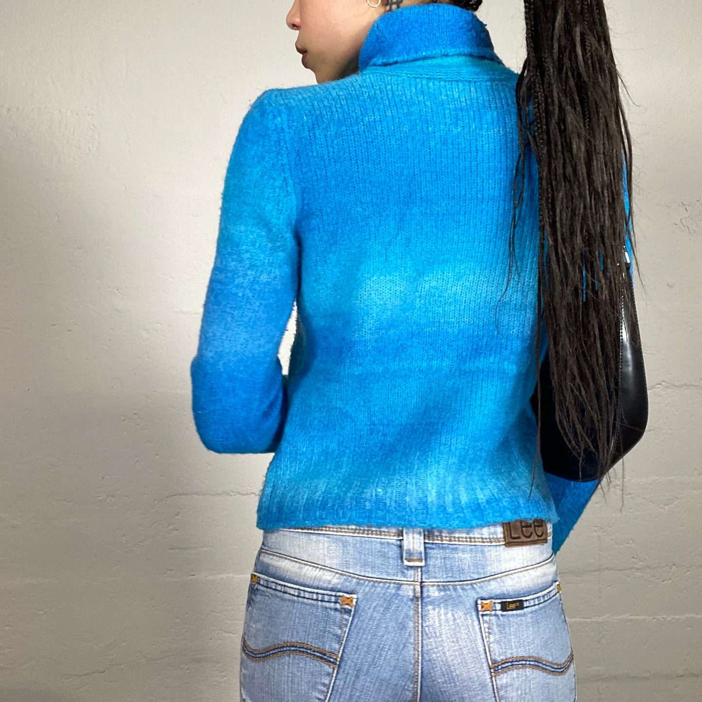 Vintage 90’ Casual Bright Blue Knitted High Neck Fading Colour Patterned Pullover (S)