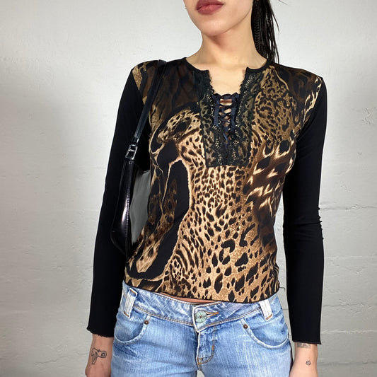 Vintage 2000’ Clubwear Animal Print Longsleeve Top with Lace Up Detail (S)