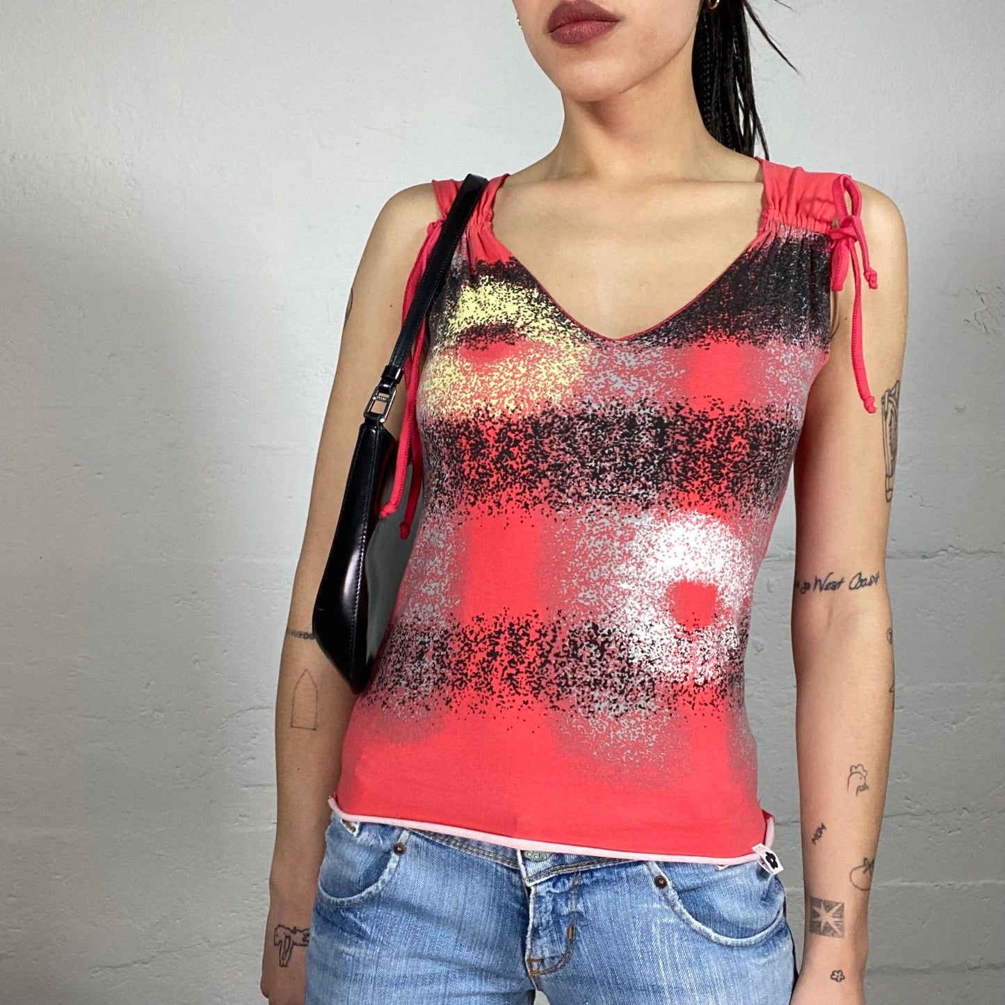 Vintage 2000’ Archive Coral Colour Printed Tank Top with Rubber Stripes Shoulder Details (L)