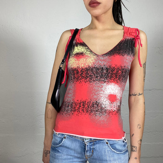 Vintage 2000’ Archive Coral Colour Printed Tank Top with Rubber Stripes Shoulder Details (L)