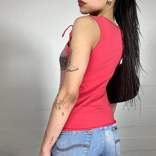 Vintage 2000’ Archive Coral Colour Printed Tank Top with Rubber Stripes Shoulder Details (L)