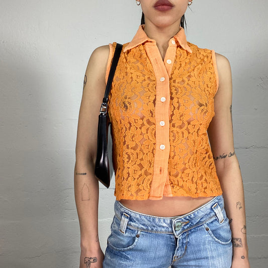 Vintage 90’ Casual Orange Lace Button Up Sleeveless Collar Shirt (M)