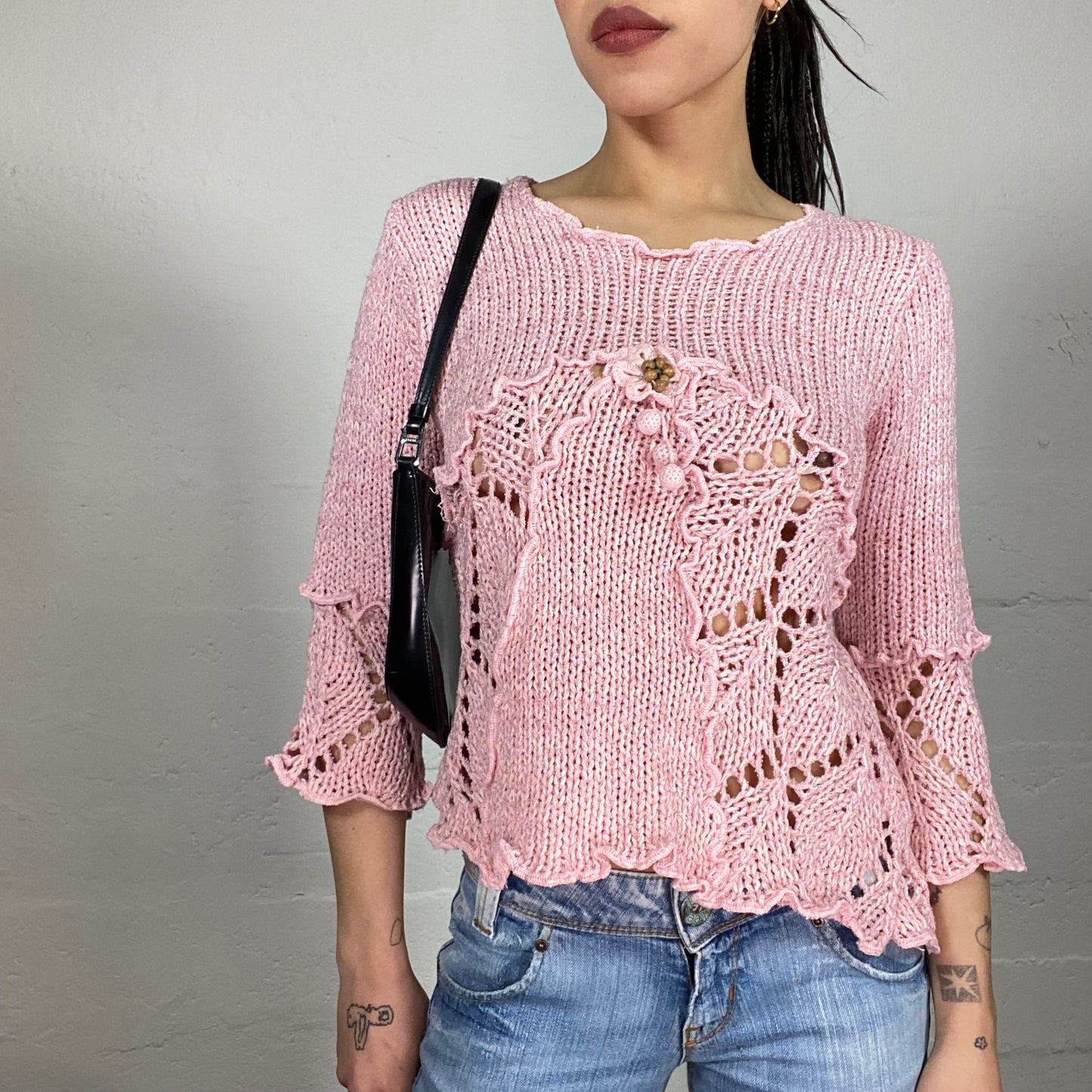 Vintage 90’ Soft Girl Baby Pink Crochet Pullover with Mini Ruffle Details (M)