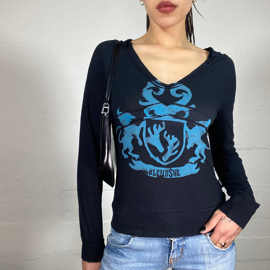 Vintage 2000’ Grunge Black Longsleeve Top with Blue Crest Print (S)