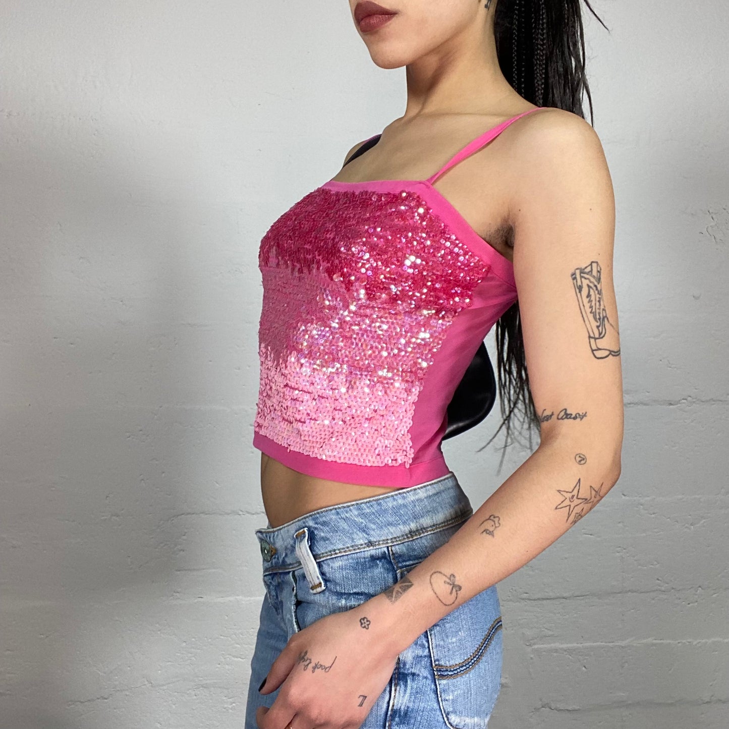 Vintage 2000’ Morgan Clubwear Pink Shiny Faded Colour Sequins Patterned Cami Top (S)