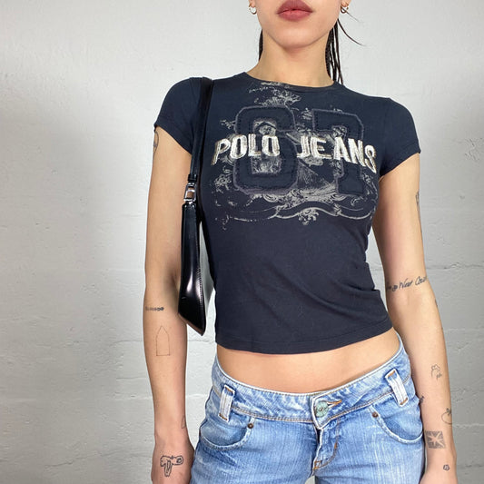 Vintage 2000’ Polo Jeans Ralph Lauren Archive Sporty Style Black T-Shirt with Logo Embroidery (XS)