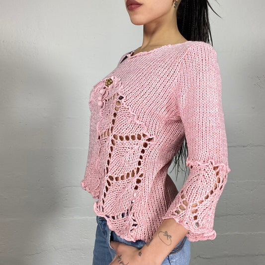 Vintage 90’ Soft Girl Baby Pink Crochet Pullover with Mini Ruffle Details (M)