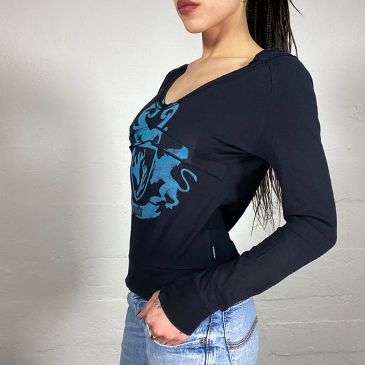 Vintage 2000’ Grunge Black Longsleeve Top with Blue Crest Print (S)