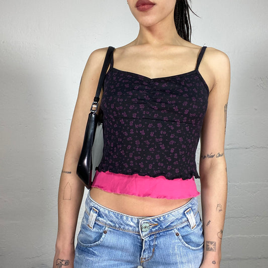 Vintage 90’ Devon Aoki Style Black and Pink Cami Top with Pink Floral Print (36)