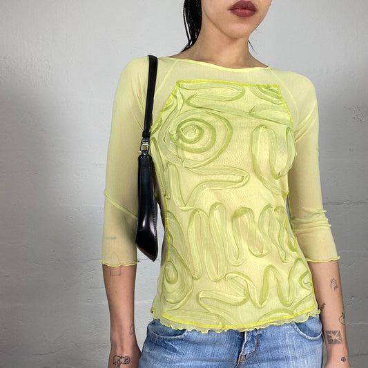Vintage 2000’ Summer Lemon Green Mesh 3/4 Sleeve Top with Decorative Matching Tone Embroidery (S)