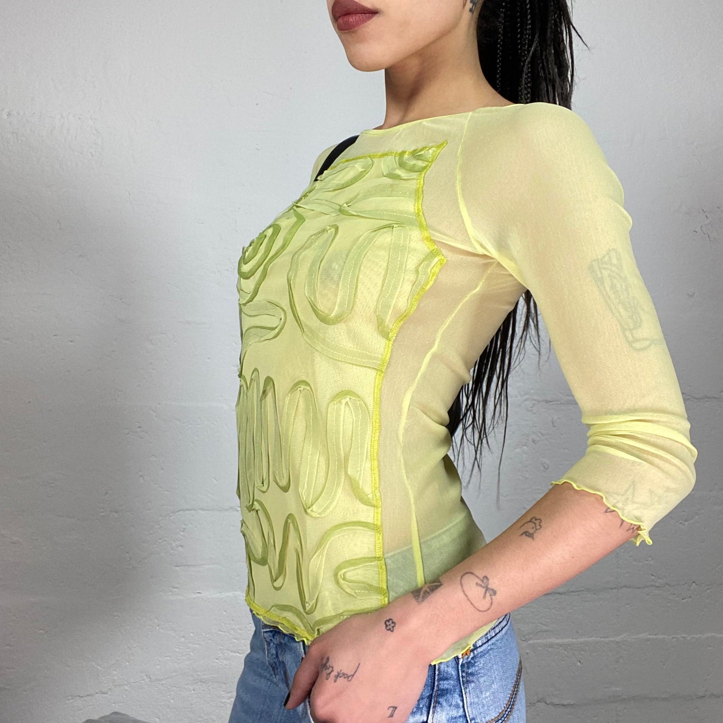 Vintage 2000’ Summer Lemon Green Mesh 3/4 Sleeve Top with Decorative Matching Tone Embroidery (S)