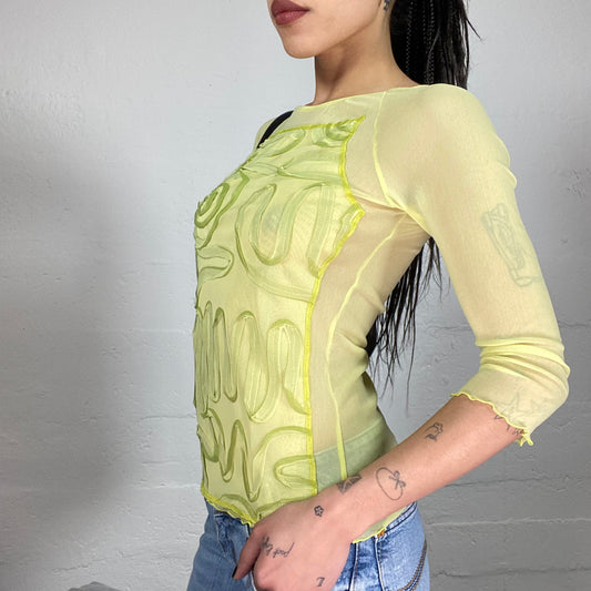 Vintage 2000’ Summer Lemon Green Mesh 3/4 Sleeve Top with Decorative Matching Tone Embroidery (S)