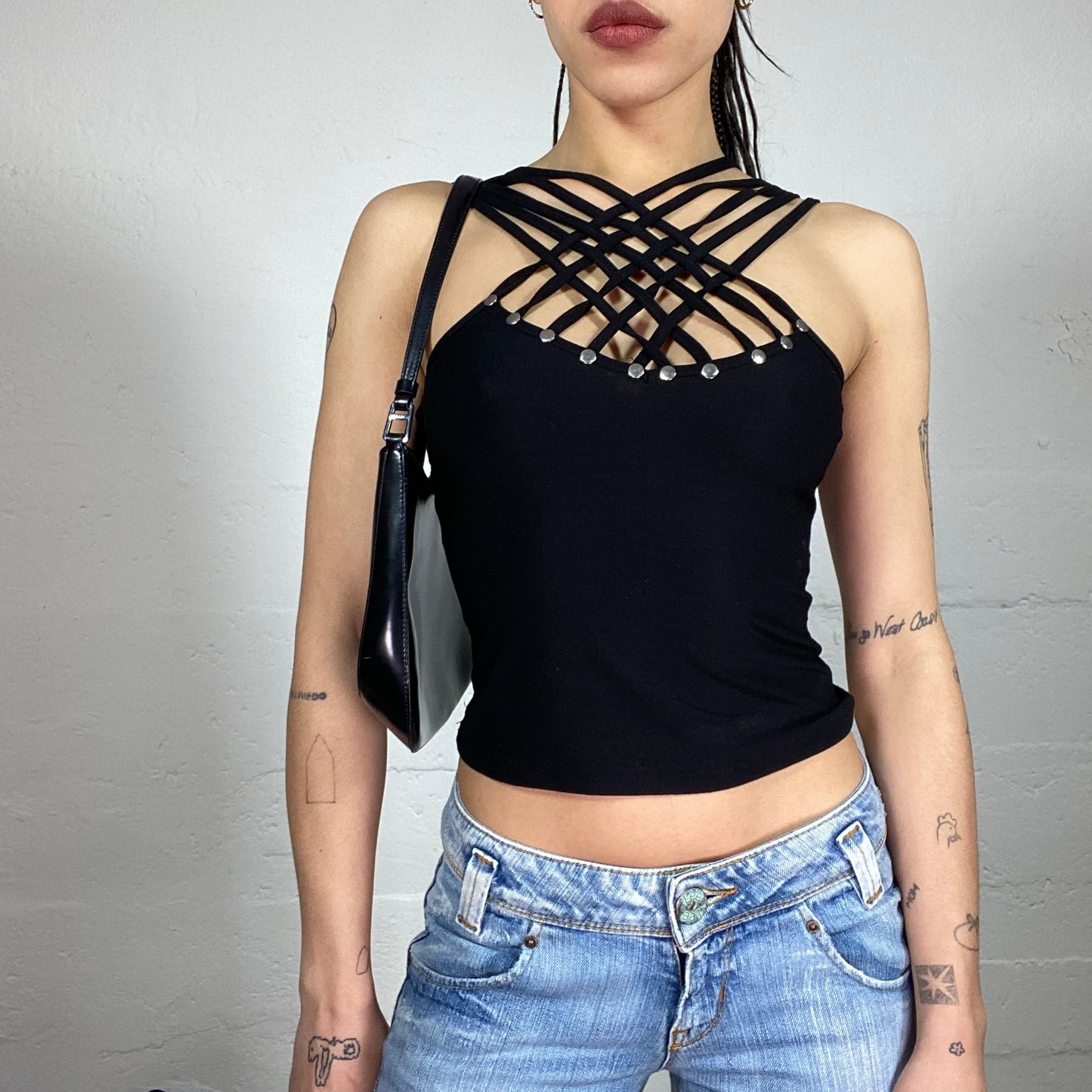 Vintage 90’ Clubwear Mini Black Top with Decorative Braided Chest and Metal Clip Details (S)