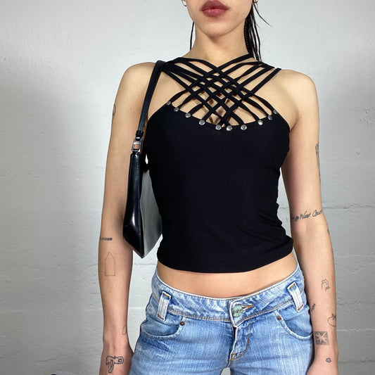 Vintage 90’ Clubwear Mini Black Top with Decorative Braided Chest and Metal Clip Details (S)