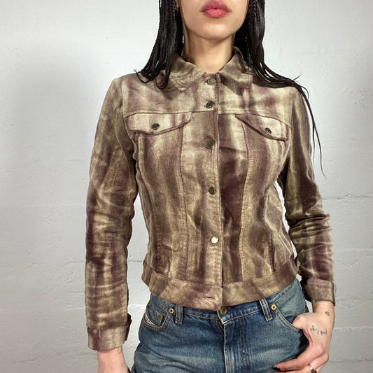 Vintage 90’s Streetwear Velvet Faded Brown and Beige Button Up Jacket (40)