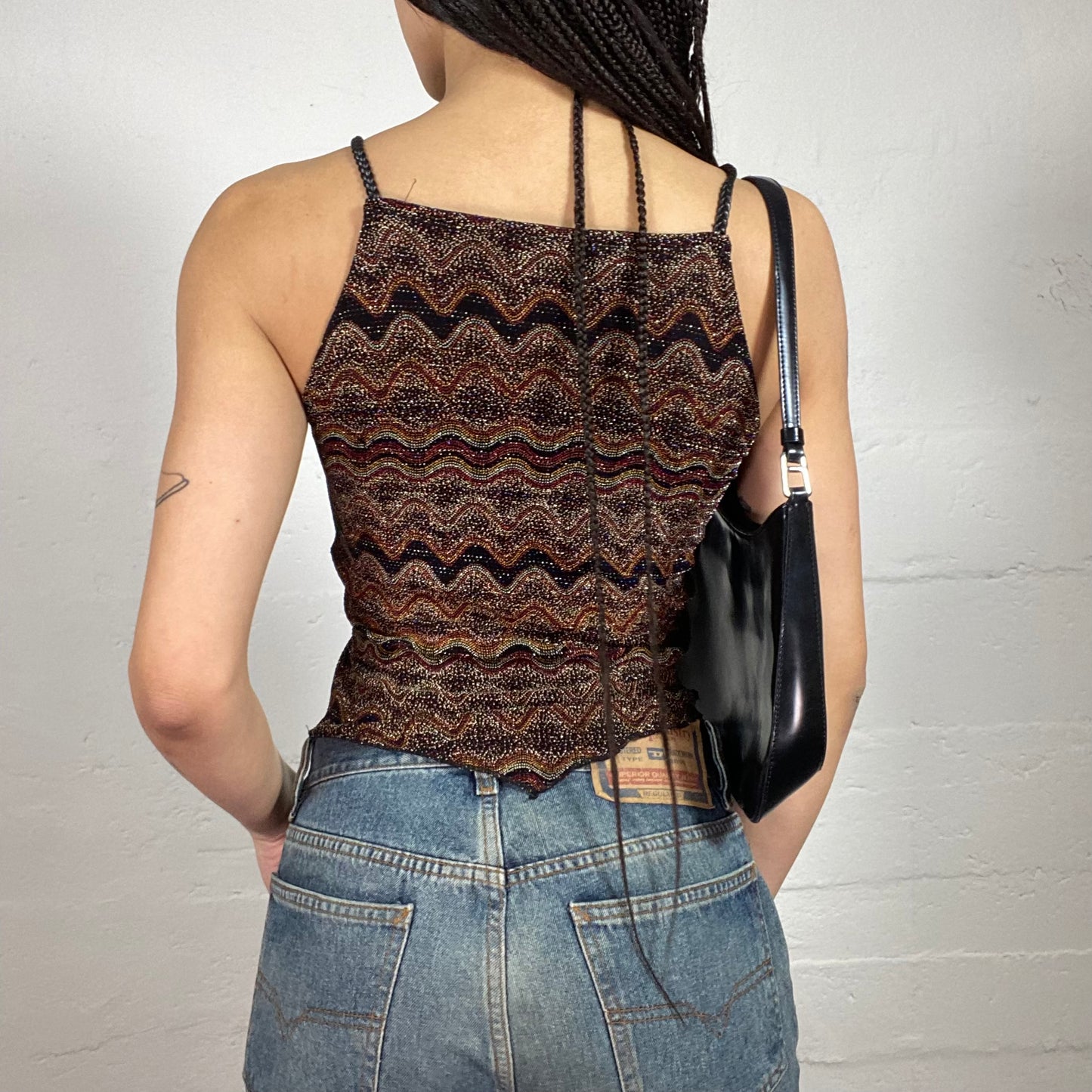 Vintage 90’ Clubwear Shiny Brown Patterned Pointed Cami Top (M)