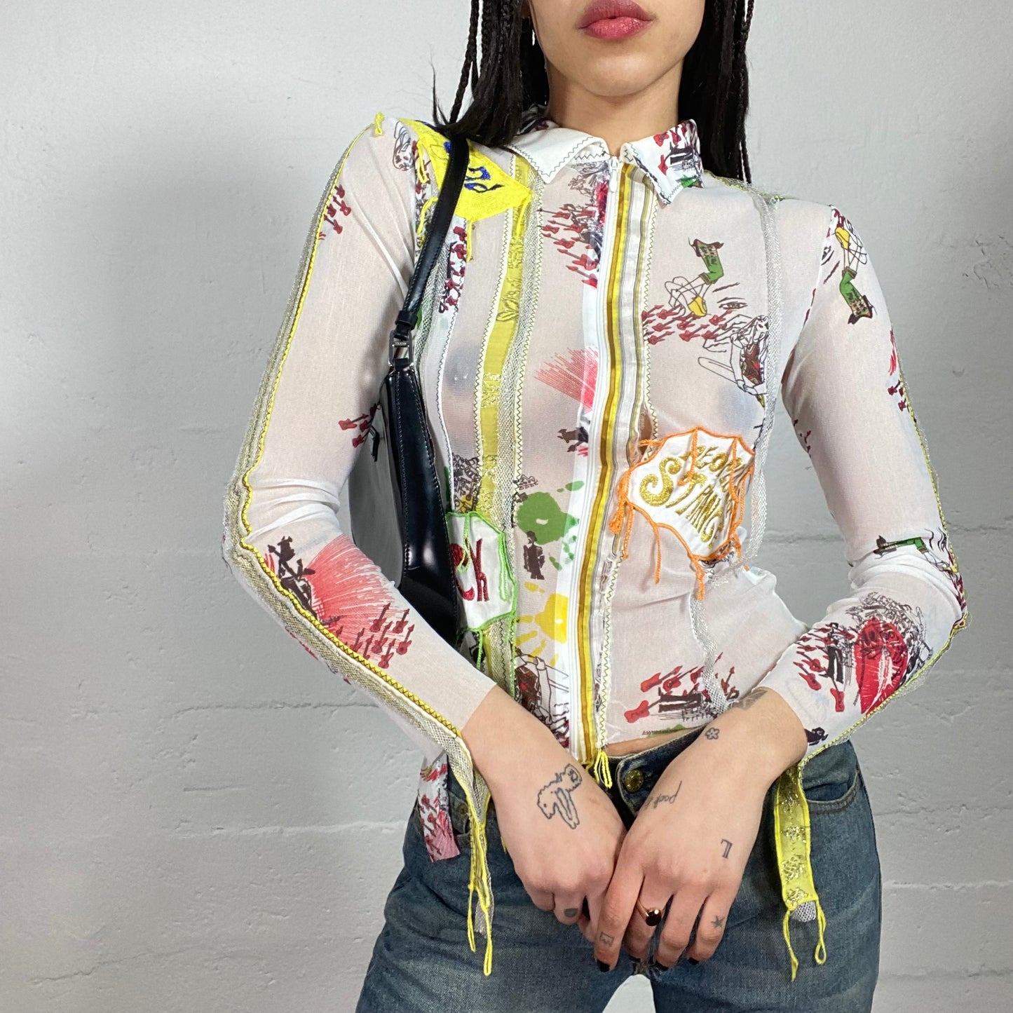 Vintage 2000’ Archive See-Through White Mesh Zip Up with Colourful Sewn On Embroidery and Knitted Back (40)