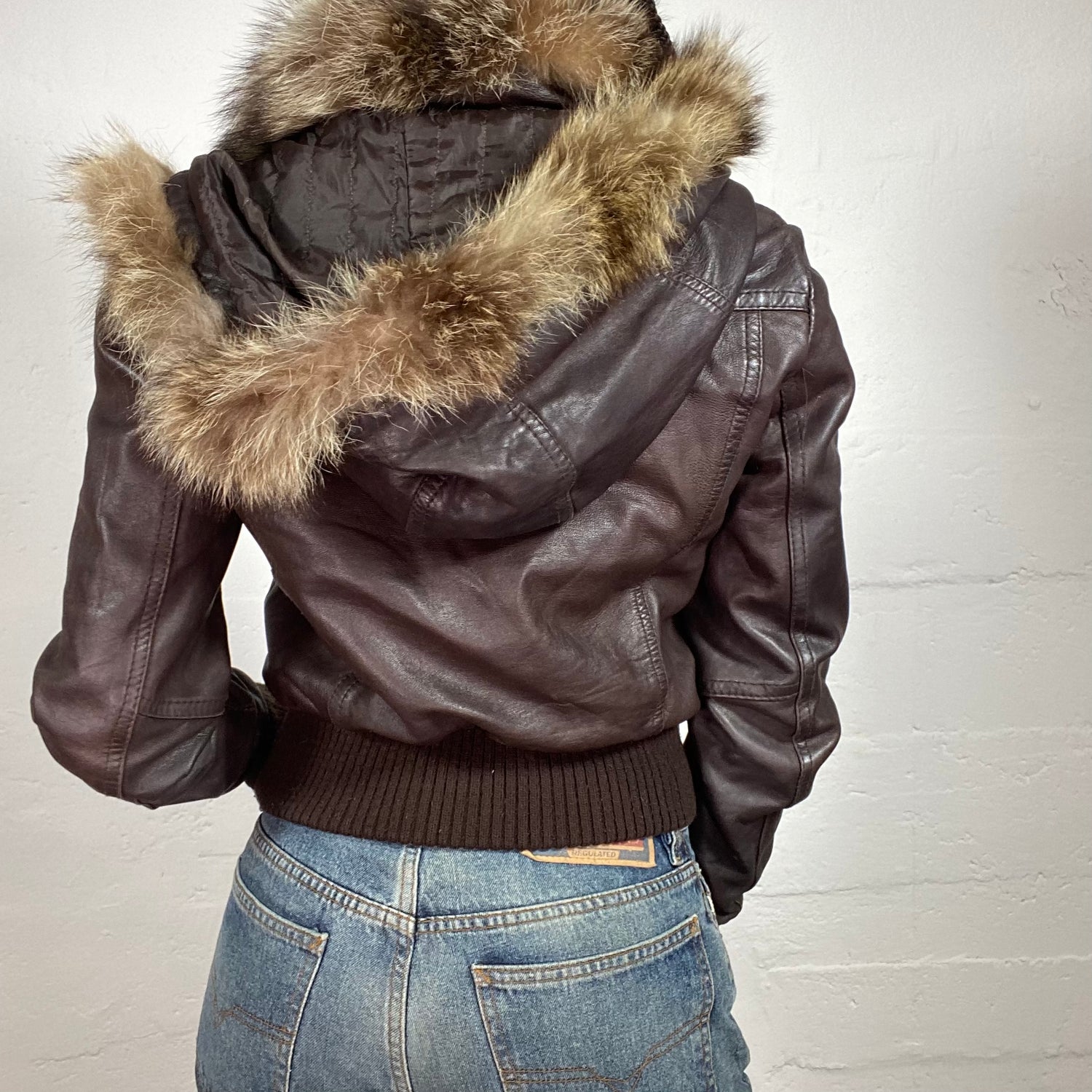 Vintage 2000 Grunge Brown Leather Bomber Jacket with Fur Hood and Gol Michelle Tamar