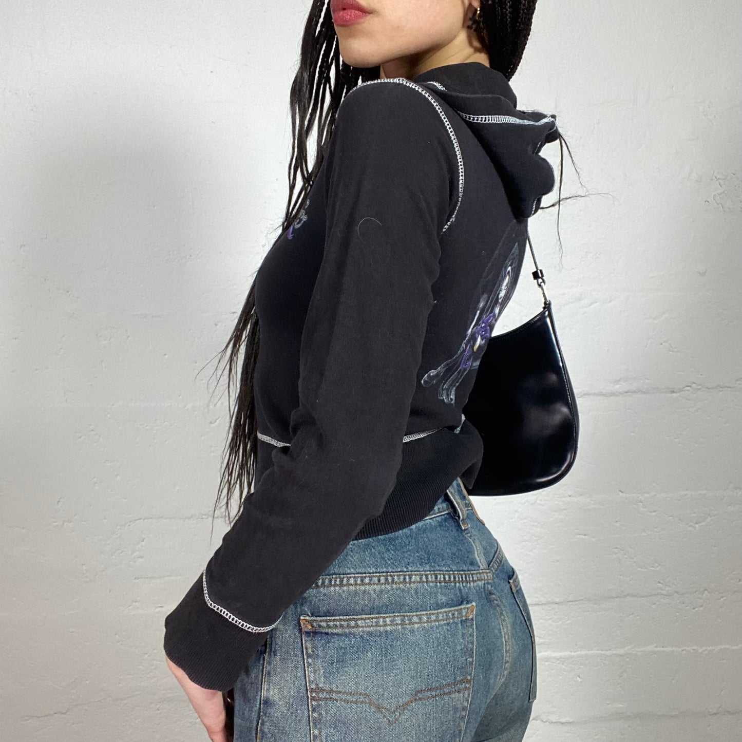 Vintage 2000’ Vampy Black Zip Up Hooded Pullover with Contrast White Stiching and Cartoon Print (S)