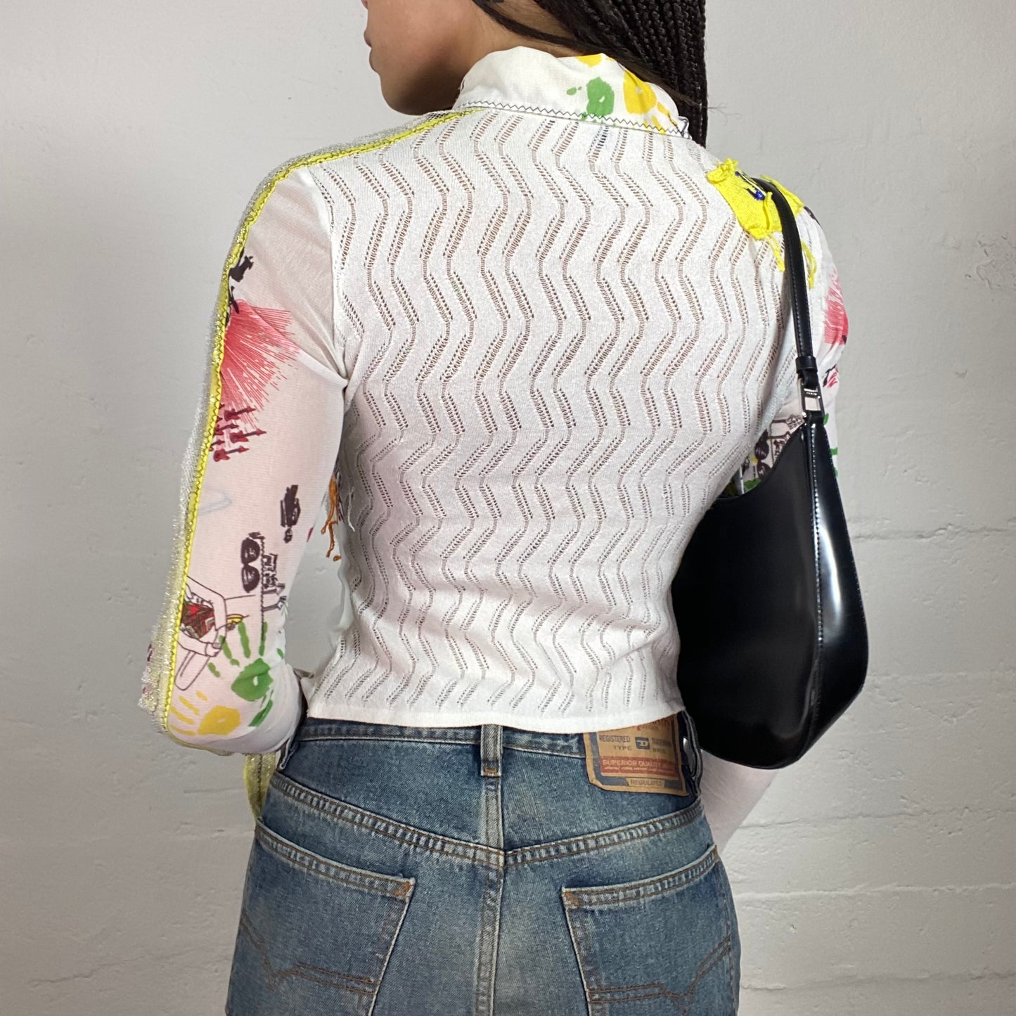 Vintage 2000’ Archive See-Through White Mesh Zip Up with Colourful Sewn On Embroidery and Knitted Back (40)
