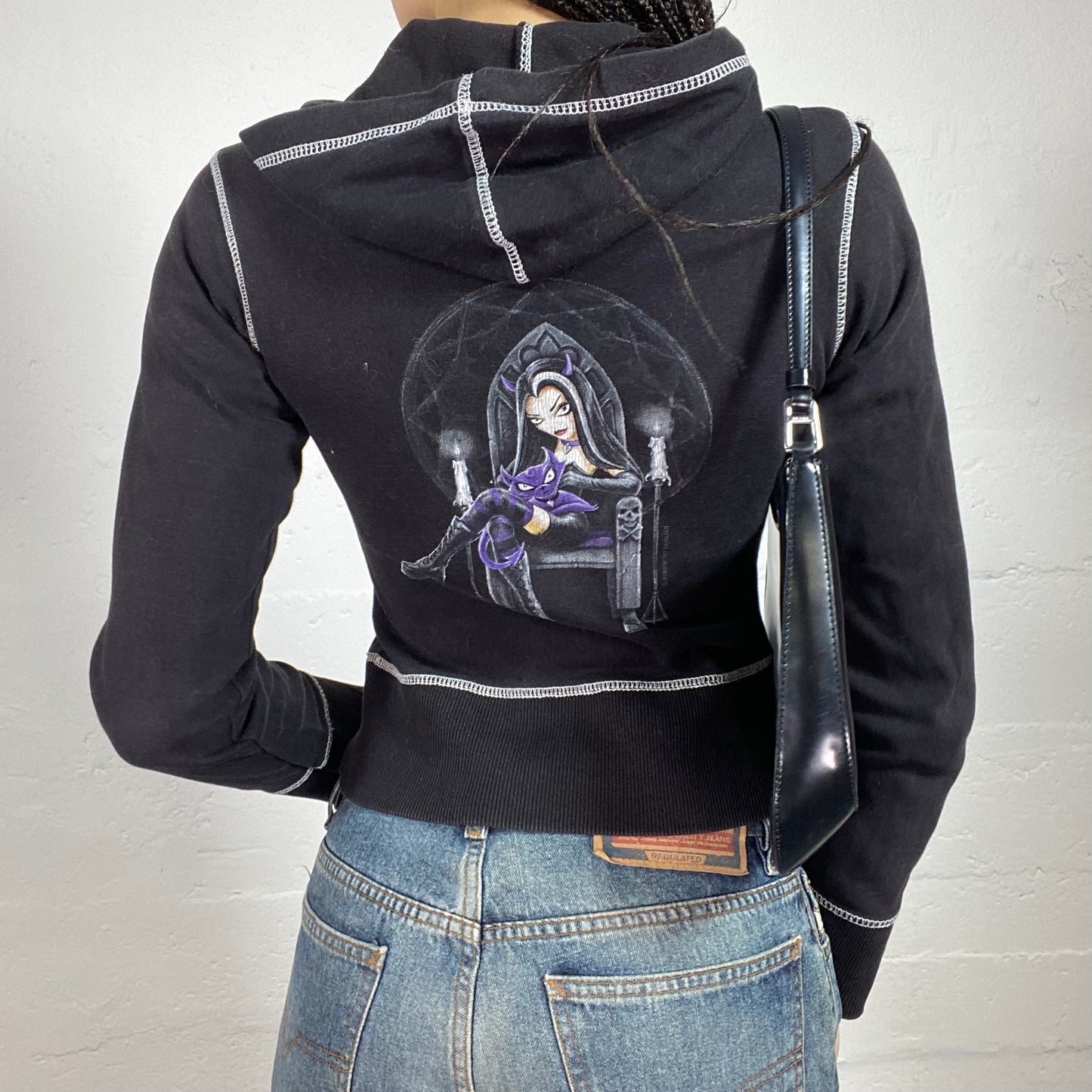 Vintage 2000’ Vampy Black Zip Up Hooded Pullover with Contrast White Stiching and Cartoon Print (S)