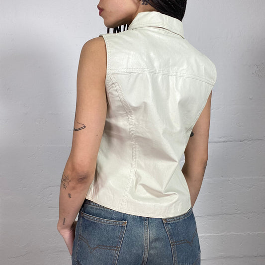 Vintage 90’ Model off Duty Biker White Leather Zip Up Vest with Antique Pocket Detail (M)