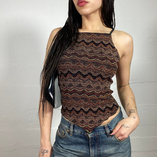 Vintage 90’ Clubwear Shiny Brown Patterned Pointed Cami Top (M)