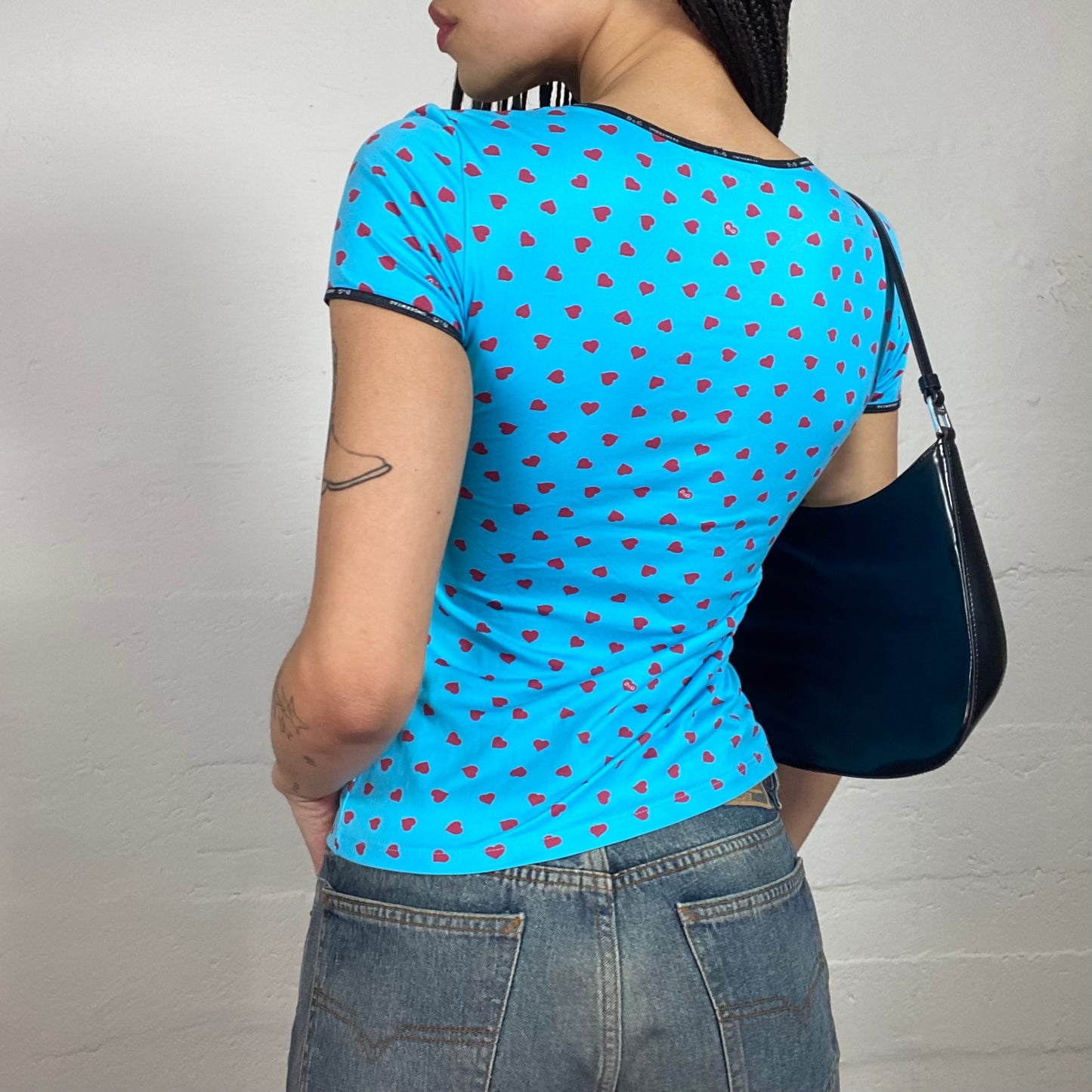 Vintage 2000’ D&G Funky Summer Blue Short-Sleeved T-Shirt with Hearts Print (S)