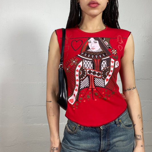 Vintage 2000’ Streetwear Red Printed Tank Top with Queen Print (S)