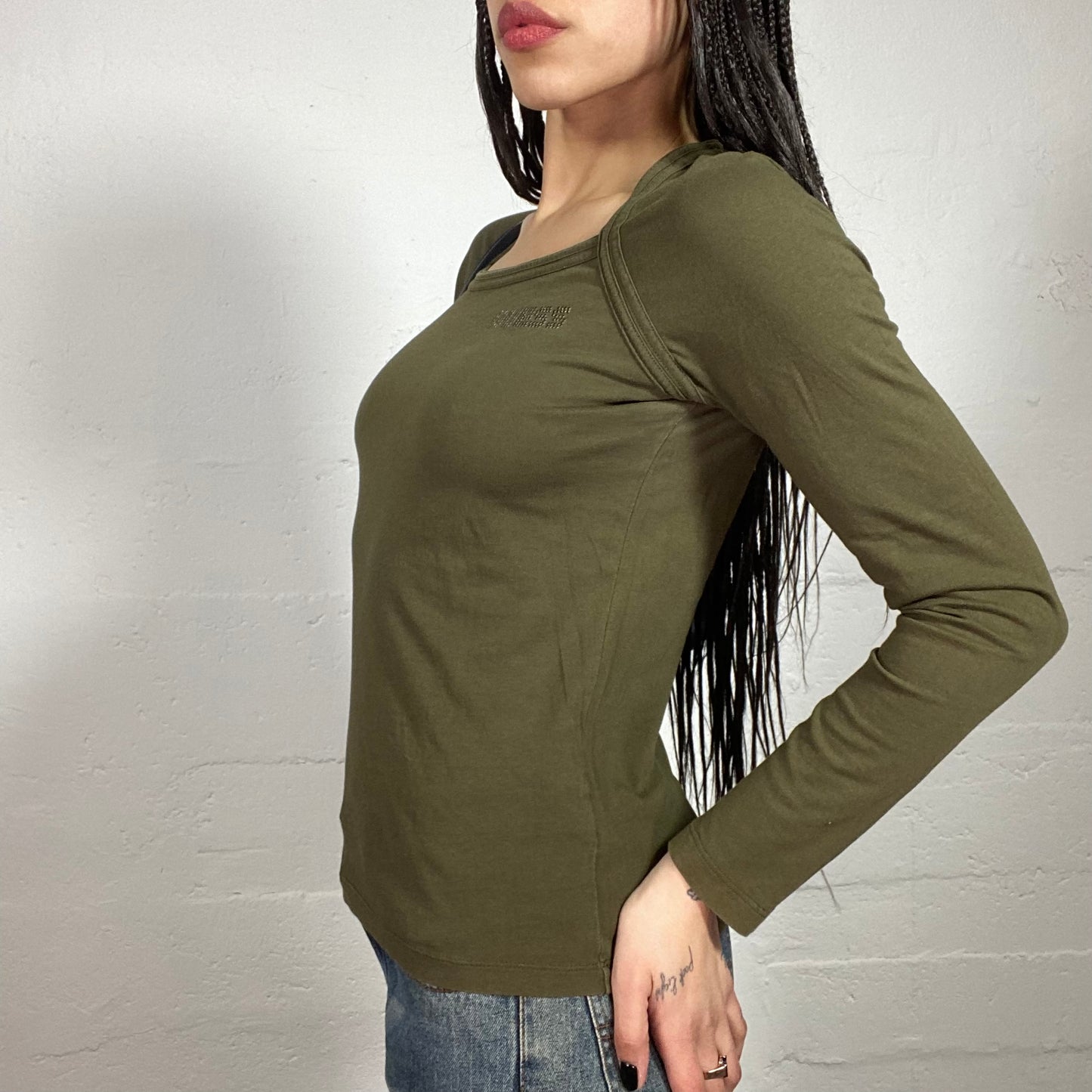 Vintage 90’ Guess Khaki Green Longsleeve Top with Logo Rhinestone Embroidery (M)