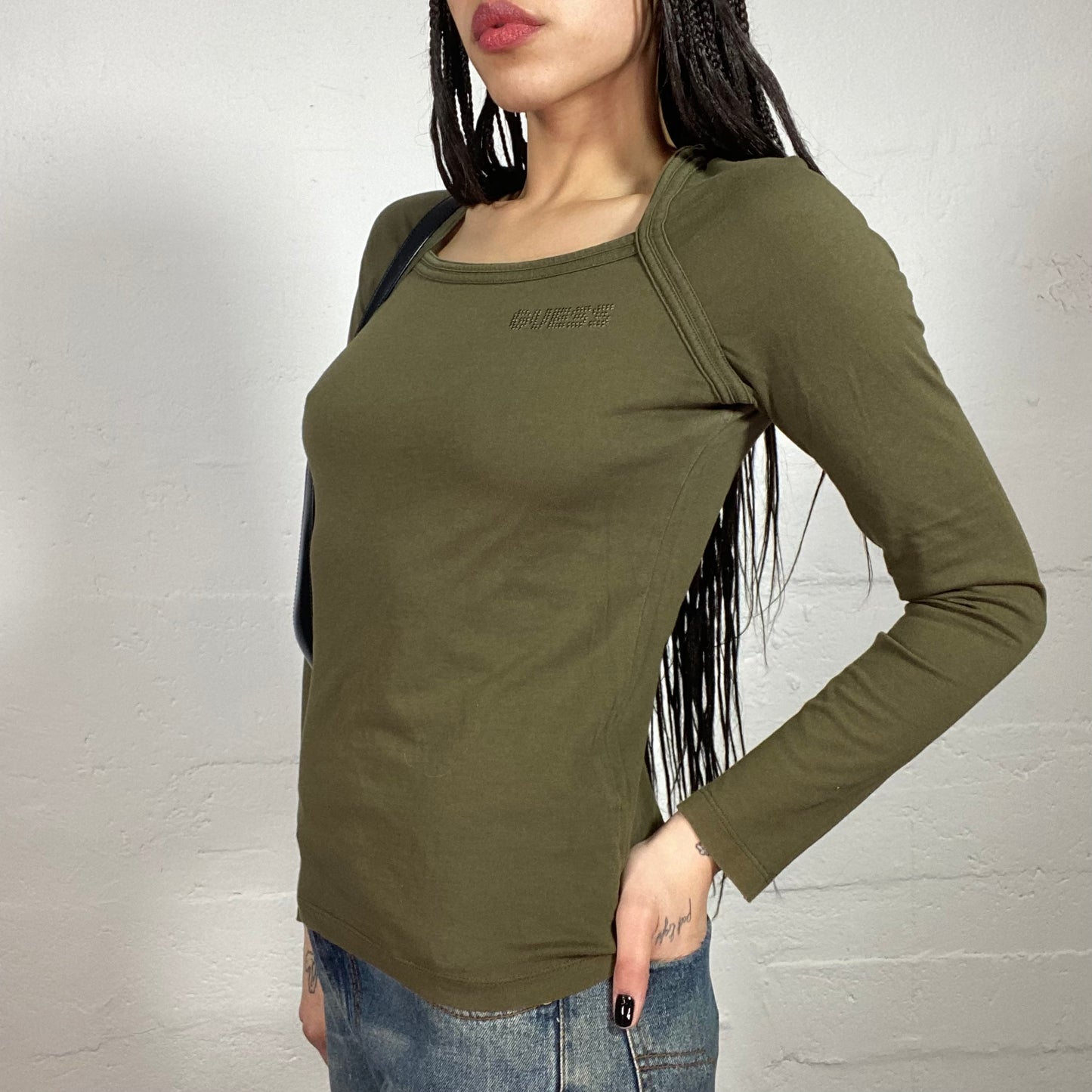 Vintage 90’ Guess Khaki Green Longsleeve Top with Logo Rhinestone Embroidery (M)