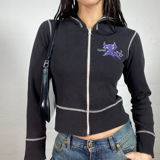 Vintage 2000’ Vampy Black Zip Up Hooded Pullover with Contrast White Stiching and Cartoon Print (S)