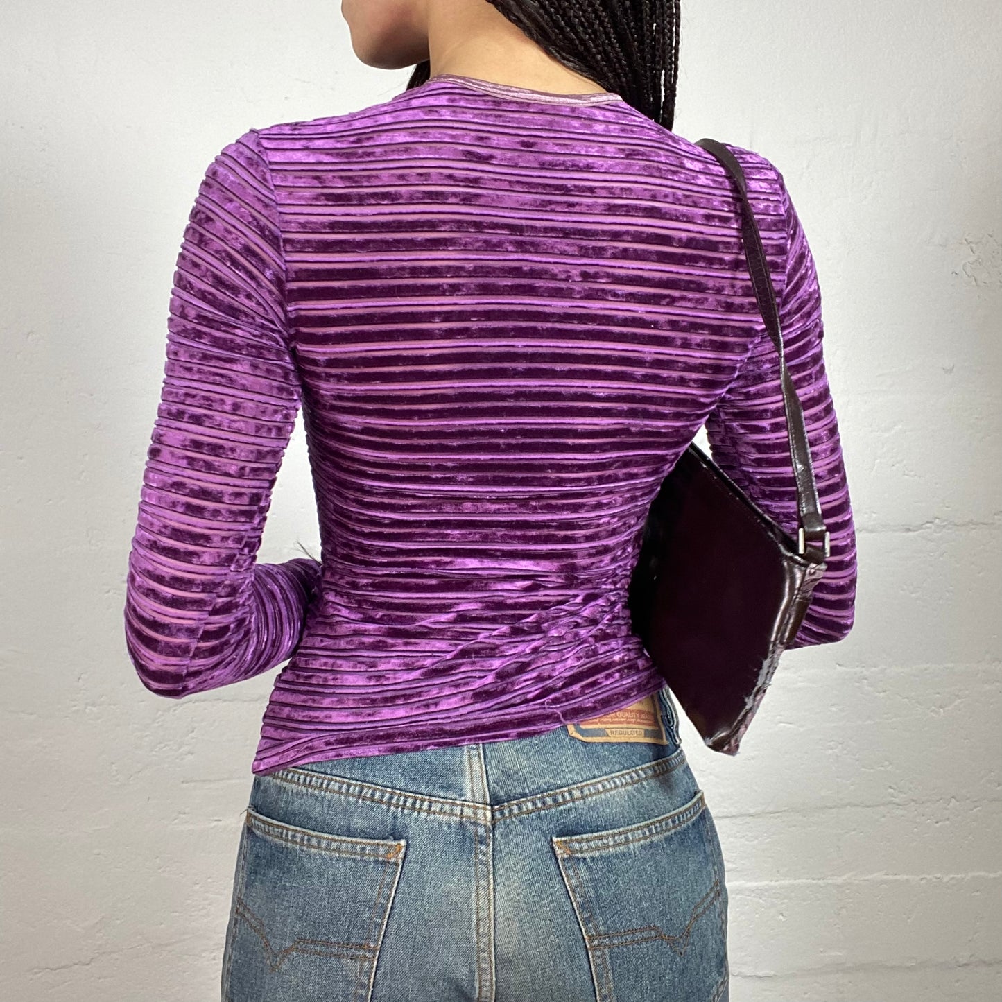 Vintage 90’ Cute Purple Velour Striped Longsleeved Top (S)