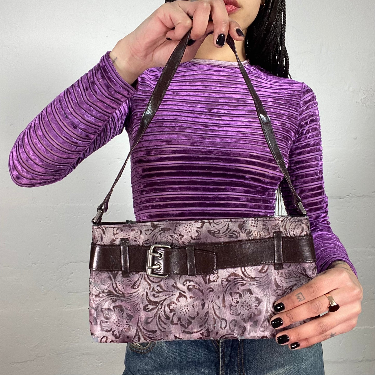 Vintage 90’ Streetwear Pink Printed Shoulder Bag with Brown Belt Details