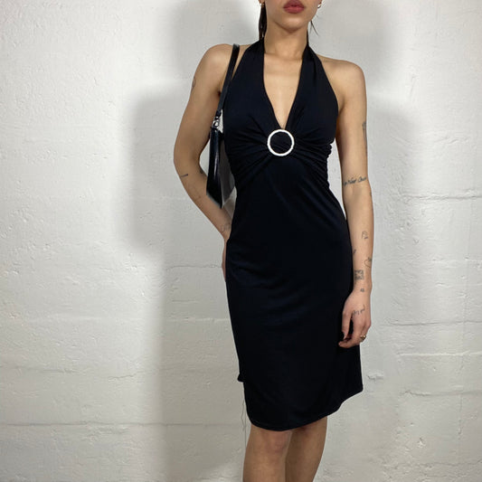 Vintage 2000’ Romantic Bella Hadid Style Night Out Black Dress with Rhinestone Ring Detail and Open Back (S)