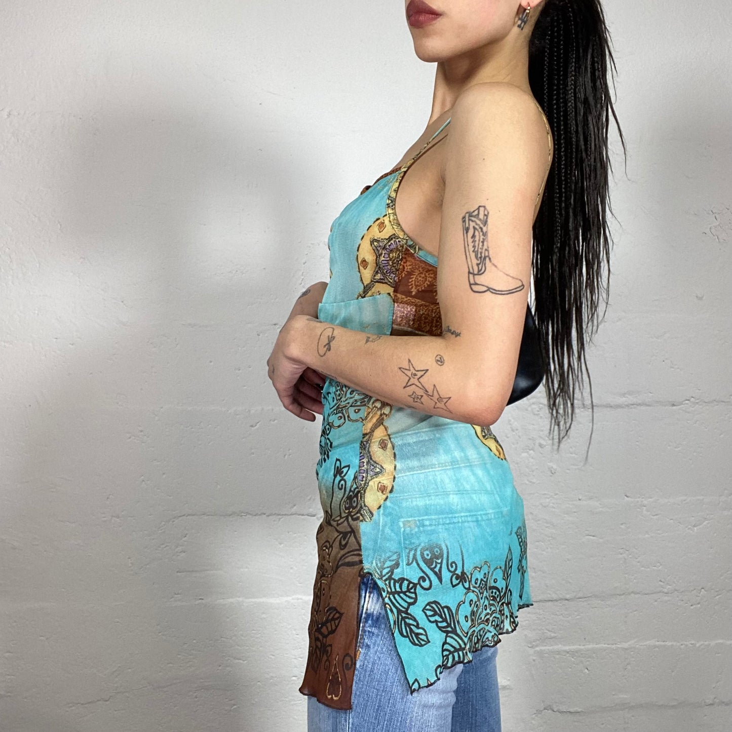 Vintage 90’ Boho Sheer See-Through Summer Brown and Aqua Blue Printed Long Cami Top (S)