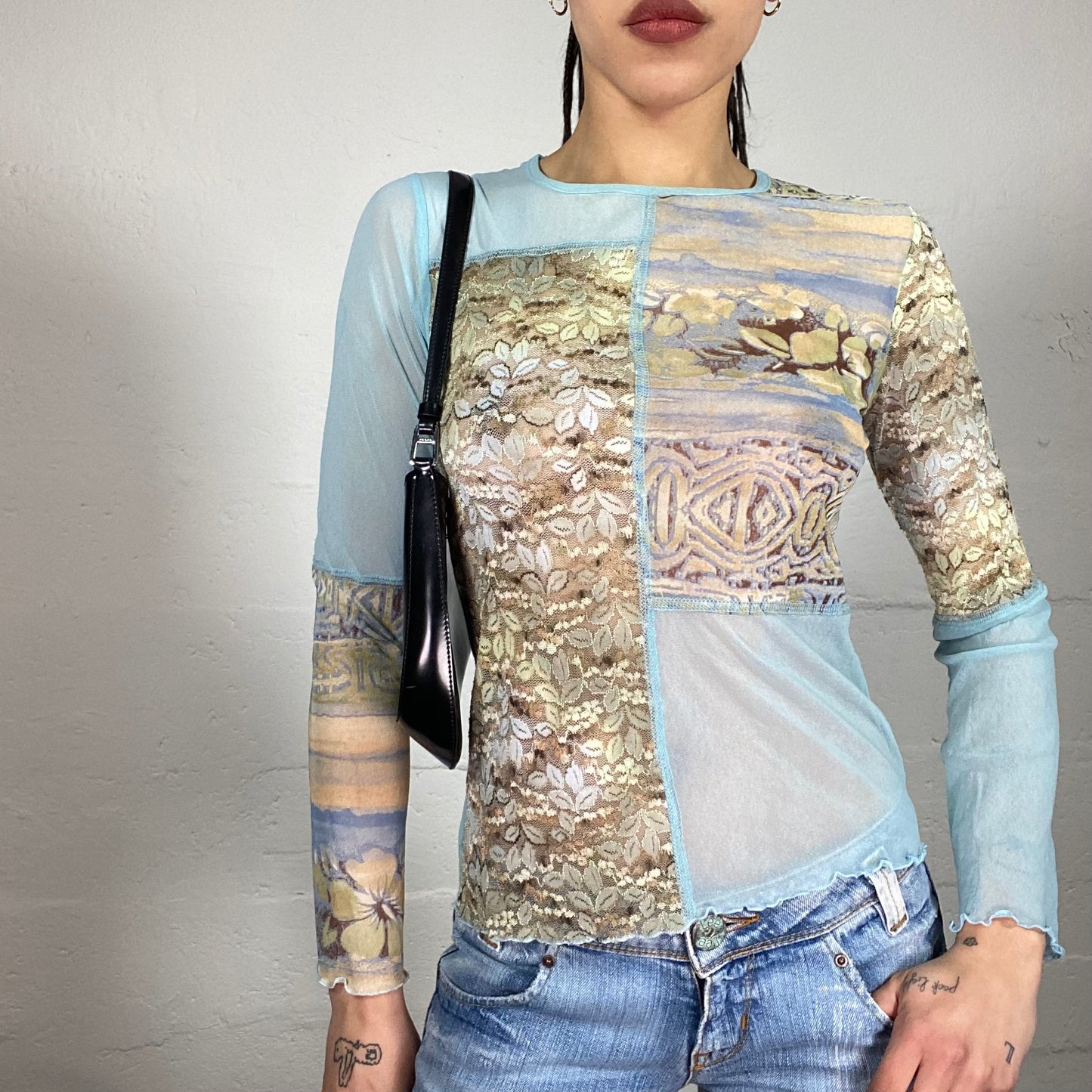 Vintage 2000’ Soft Girl Baby Blue Sheer Longsleeve Top with Beige Print and Lace Details