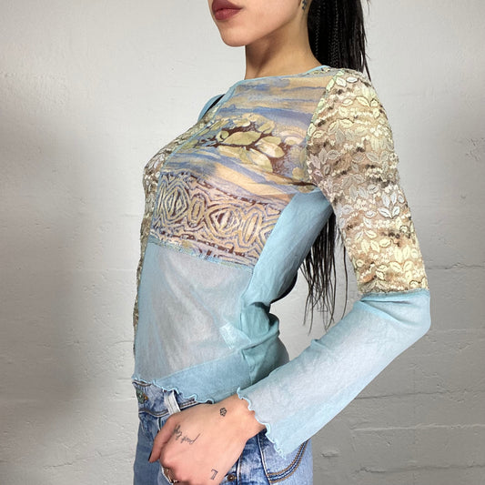 Vintage 2000’ Soft Girl Baby Blue Sheer Longsleeve Top with Beige Print and Lace Details