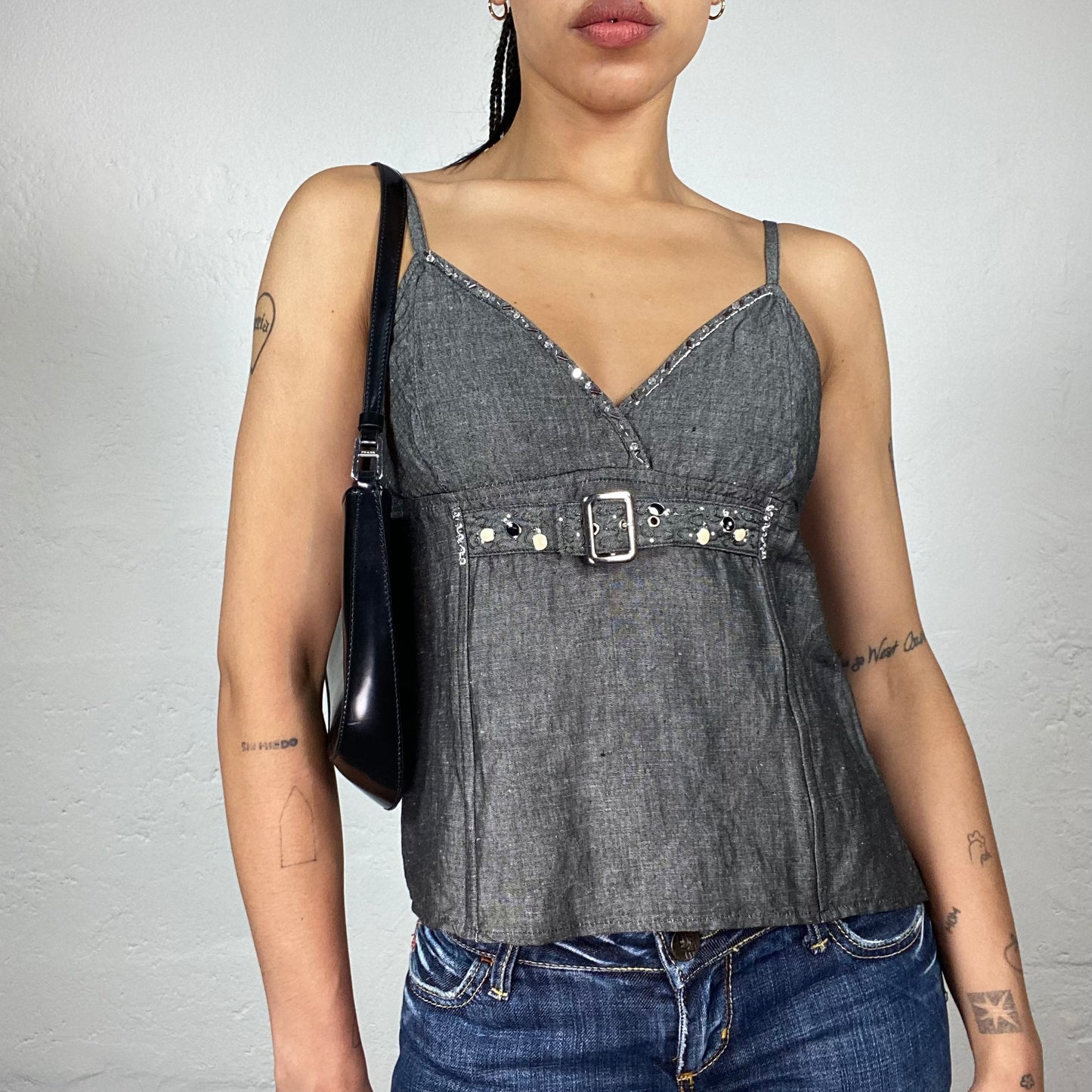 Vintage 2000's Downtown Girl Grey Sheer Cami Top with Belt Detail (M/L)