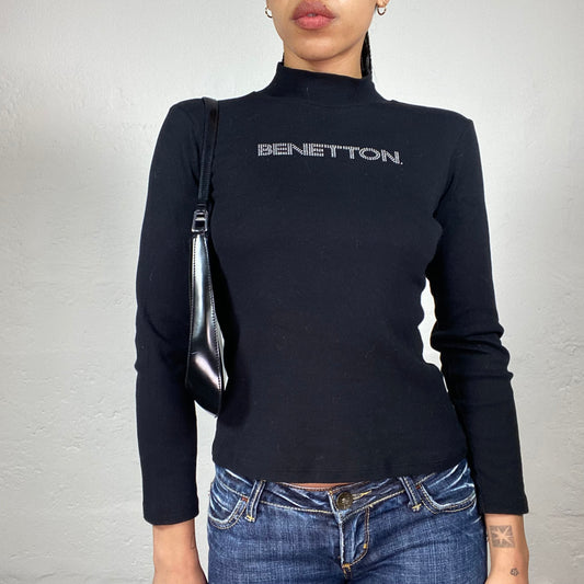 Vintage 2000's Benetton Black Longsleeve Turtleneck Top with Rhinestone Logo Embroidery (S)
