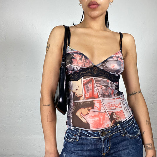 Vintage 2000's Romantic Multicoloured Comics Style Print Cami Top with Black Lace Decorations (S)