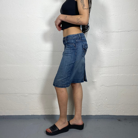 Vintage 2000's Spring Low Waisted Denim Skirt with Embroidered Pockets (34)