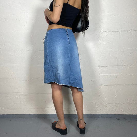 Vintage 2000's Cowgirl Style Denim Midi Skirt with Asymmetric Cut and Belt Binding (S)