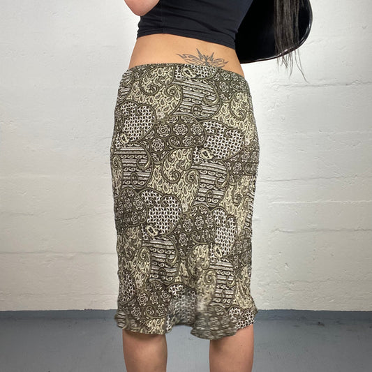 Vintage 90's Boho Khaki Green Printed Slim Fit Midi Skirt with Front Middle Binding (S)