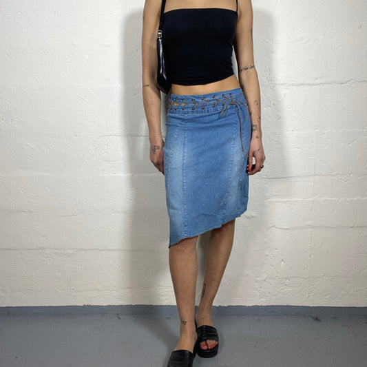 Vintage 2000's Cowgirl Style Denim Midi Skirt with Asymmetric Cut and Belt Binding (S)