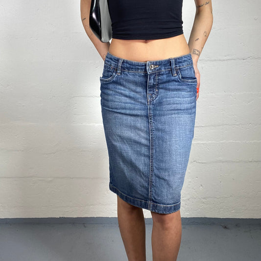 Vintage 2000's Spring Low Waisted Denim Skirt with Embroidered Pockets (34)